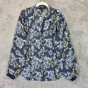 White House Black Market Blouse Womens 6 Blue Floral V Neck Ruffle Button Front